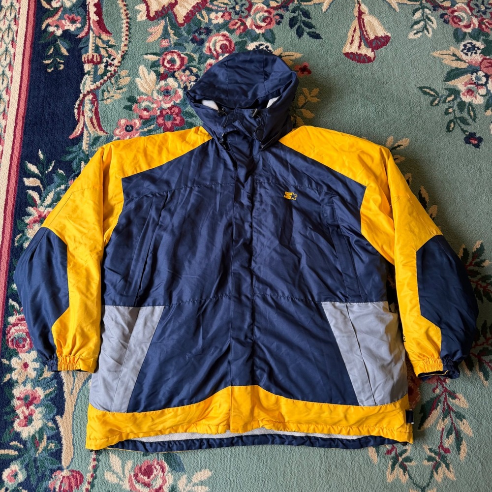 A+ Vintage Starter Puffer Jacket Mens 2XL Blue Yellow Down Insulated Hooded Coat